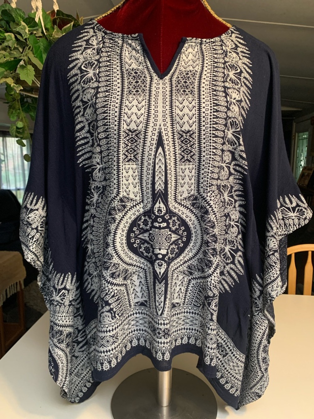 Earthbound Navy Blue Boho  Faux Embroidered  Poncho Top